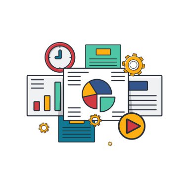 Koleksiyon renkli sunum slaytları, ekran, dişli, saat, grafik, iş ve teknoloji konsept çizimi ikonu.