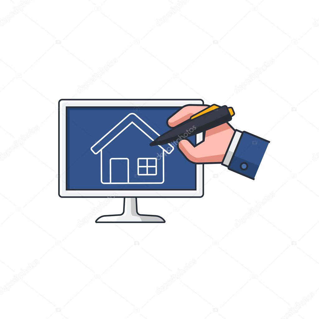 Collection colored thin icon of drawing house on TV display, business idea concept vector illustration.