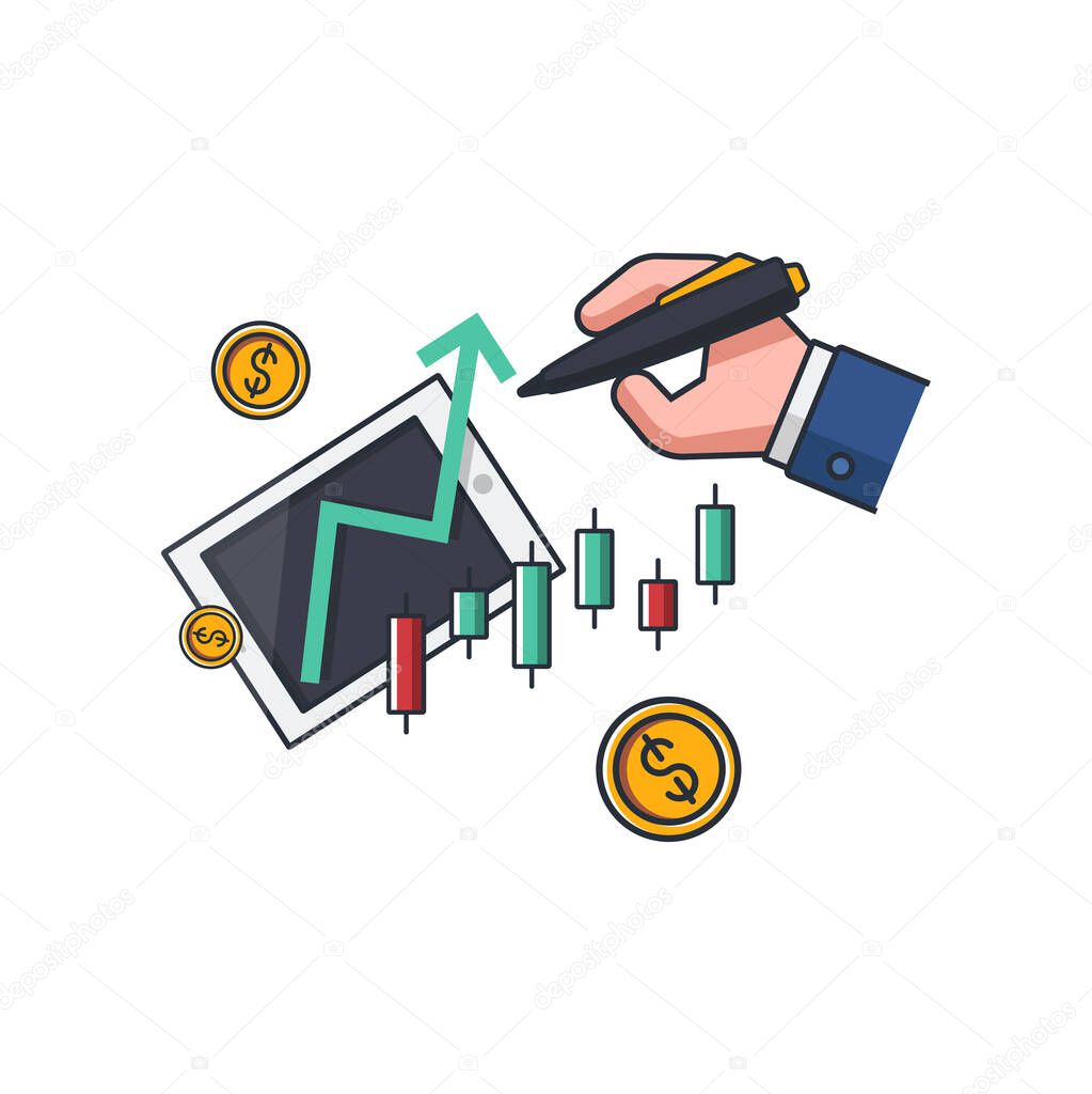 Collection colored thin icon of drawing upping graph by hand, business technology concept vector illustration.