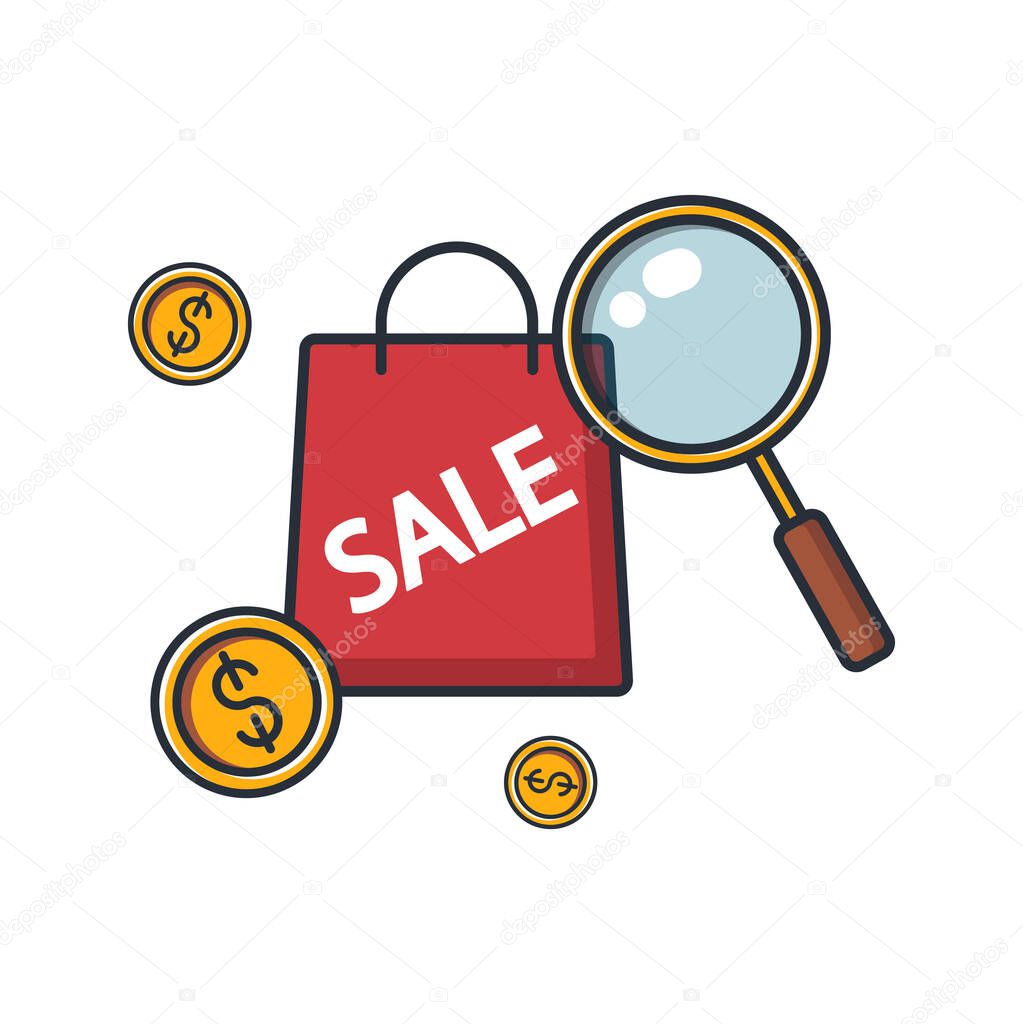 Collection colored thin icon of online shopping finding, magnifying glass, bag, business technology concept vector illustration.