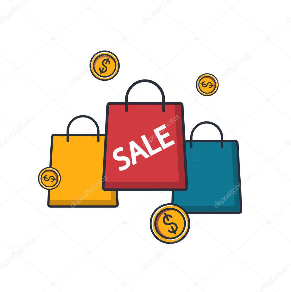Collection colored thin icon of shopping bag, money coin, business technology concept vector illustration.