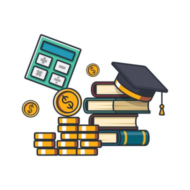 Koleksiyon finansal öğrenme konusu, para madeni para, hesap makinesi, kitap, mezun şapka, öğrenme ve eğitim konsepti vektör ilüstrasyonunun ince simgesi.