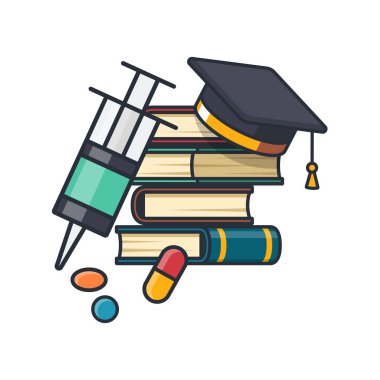 Koleksiyon, tıp öğrenme konusunun ince simgesi, enjeksiyon iğnesi, uyuşturucu, kitap, mezun şapka, öğrenme ve eğitim konsepti çizimi.