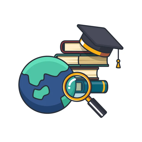 Koleksiyon coğrafya, dünya, büyüteç, öğrenme konusu, kitap, mezun şapka, öğrenme ve eğitim konsepti illüstrasyonunun ince simgesi.