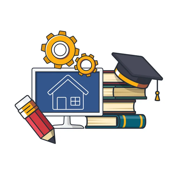 Koleksiyon, ev tasarımı öğrenme konusu, kalem, dişli, kitap, mezun şapka, öğrenme ve eğitim konsepti illüstrasyonunun ince simgesi.