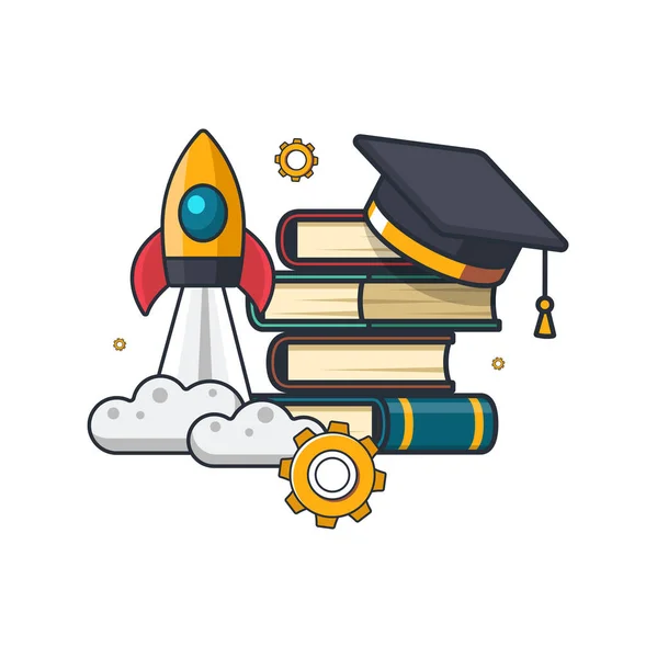 Collection Colored Thin Icon Science Learning Subject Rocket Book Gear — Stock Vector