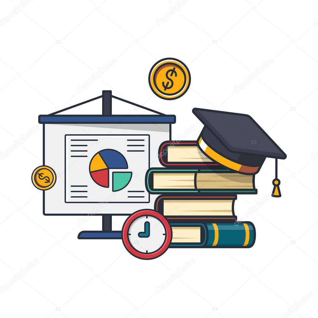 Collection colored thin icon of marketing learning subject ,business , book, graduated hat , learning and education concept vector illustration.