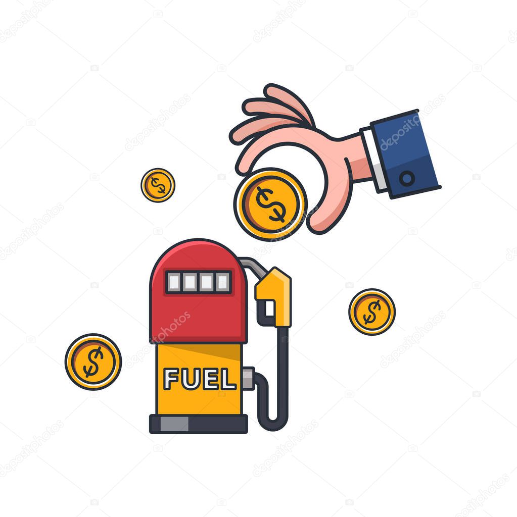 Collection colored thin icon of gas station and money coin hand , energy business concept vector illustration.