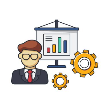 Koleksiyon, iş adamı ve grafik sunumu, dişli, iş ve insan konsepti vektör illüstrasyonunun ince simgesi.