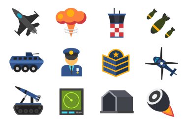 Beyaz arka plan, hava kuvvetleri, rütbe, jet uçağı, pilot, füze, radar, asker, tank, hangar, nükleer vs. üzerinde izole edilmiş renkli düz ikon vektörü, askeri konsept vektör ilülasyonu.