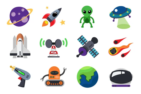 Renkli düz simge vektörü koleksiyonu, beyaz arkaplan, gezegen, roket, uzay gemisi, uydu, robot, dünya, astronot kaskı vs. üzerinde izole edilmiş uzay konsept vektör ilülasyonu.