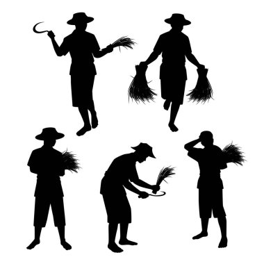 Asian farmer silhouette vector illustration, agricultural harvesting concept isolated on white background.