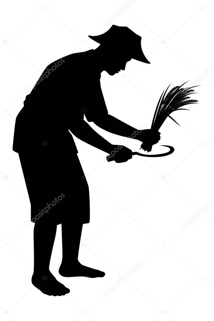 Asian farmer silhouette vector illustration, agricultural harvesting concept isolated on white background.