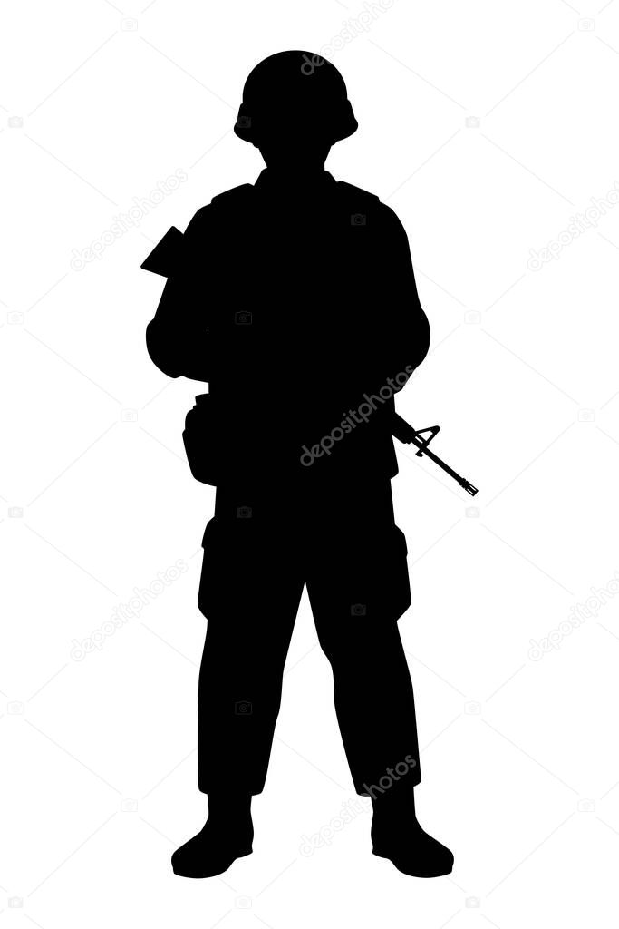 Soldier silhouette vector isolated on white background, military man in parade.