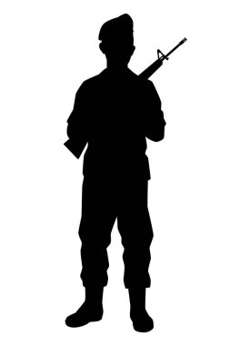 Standing soldier silhouette vector on white background, private, troops, army.