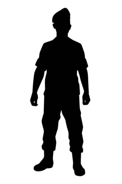 Standing soldier silhouette vector on white background, private, troops, army.
