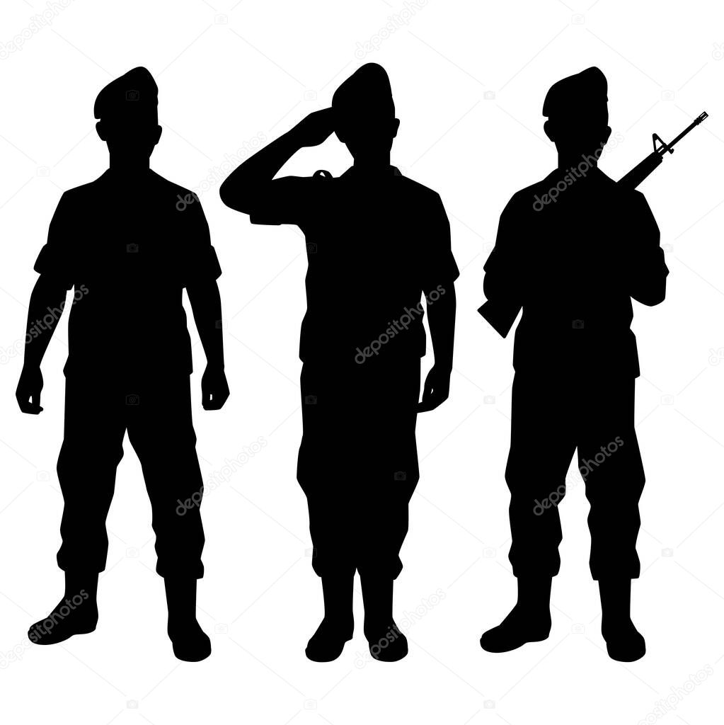 Standing soldier silhouette vector on white background, private, troops, army.