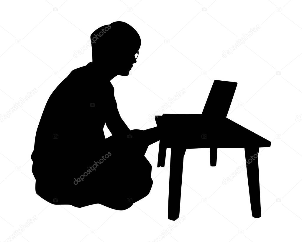 A boy is sitting with computer notebook silhouette vector on white, people and technology concept.