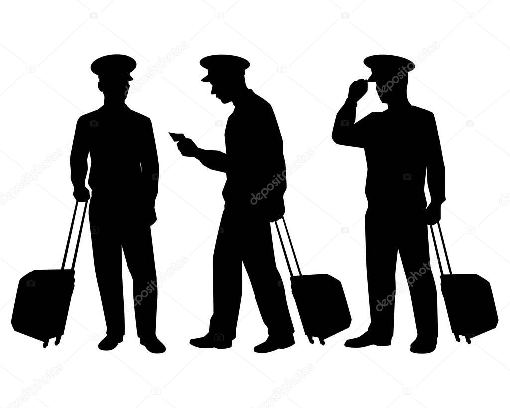 Airline pilot with suitcase silhouette vector on white background