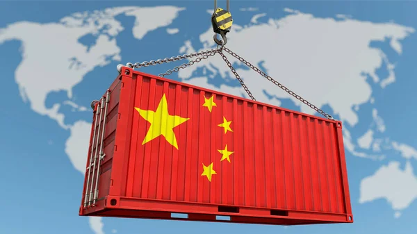 China Export Economy Container Chinese Flag World Map Background — стоковое фото