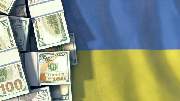 Billets Dollars Américains Sur Drapeau Ukrainien Aide Financière Ukraine — Photo