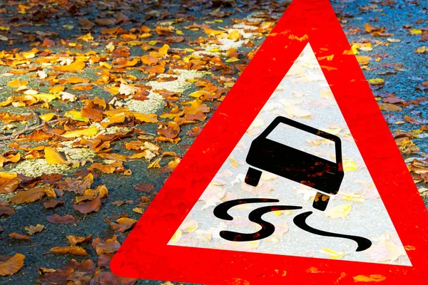 Attention Danger Slipping Due Wet Leaves Roadway — Stock fotografie