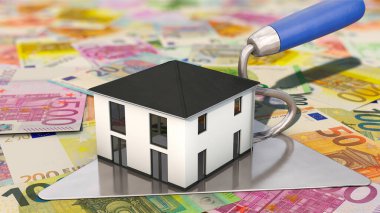 Modern house on trowel with Euro banknotes in the background