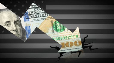 Crashing graph with Dollar note  and US flag in background