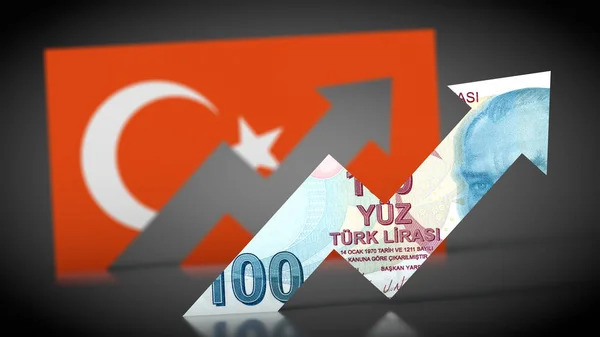 Inflation Graph Lira Banknote Front Turkey Flag Rises — стокове фото