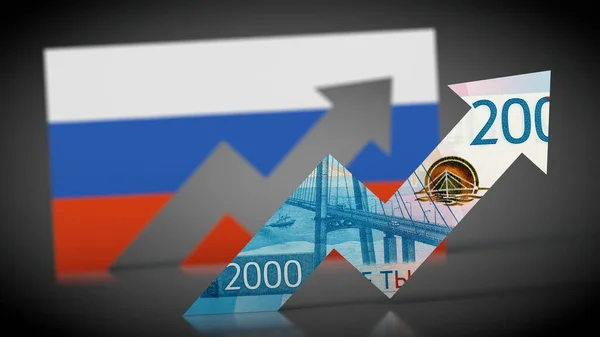 Inflation Graph Ruble Banknote Front Russia Flag Rises — Zdjęcie stockowe