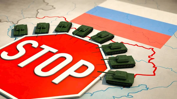 Russian Invasion Ukraine Tanks Front Stop Sign — Zdjęcie stockowe