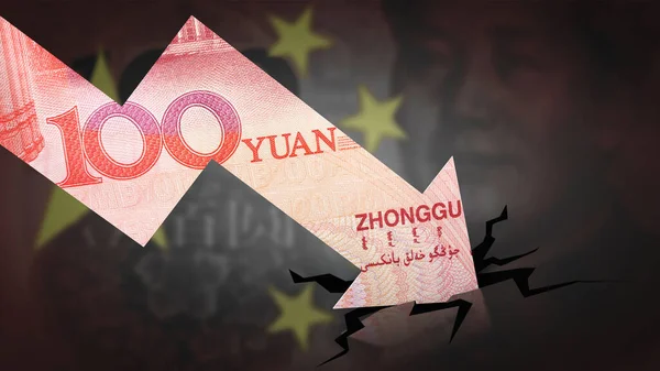 Crashing Yuan Graf Čínskou Vlajkou Pozadí — Stock fotografie