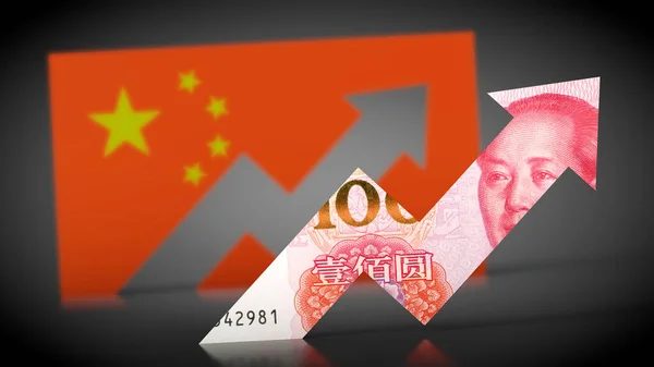 Inflation Graph Yuan Banknote Front China Flag Rises — Stockfoto