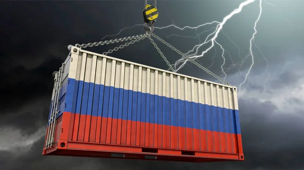 Economia Russa Esportazione Container Sotto Bandiera Russa Temporale Sullo Sfondo — Foto Stock