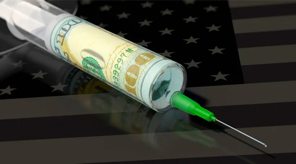 Syringe Банкнотою 100 Доларів Сша Прапорі Сша — стокове фото