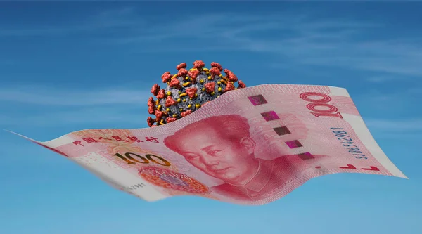 Virus Fliegt Auf 100 Yuan Schein Coronapandemie Und Folgekosten China — Stockfoto