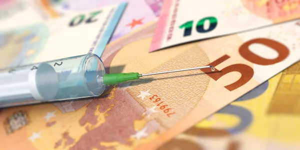 Náklady Očkování Eurobankovkách Leží Injekční Stříkačka — Stock fotografie