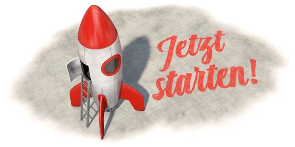 Rocket with inscription on floor: Start now! (Jetzt starten! in German)