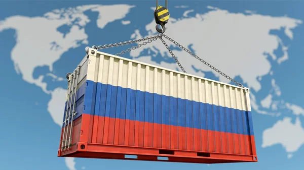 Russland Und Exportwirtschaft Container Mit Russischer Flagge Und Weltkarte Hintergrund — Stockfoto