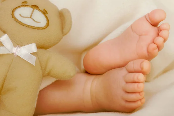 Pés Bebê Com Ursinho Pelúcia Cobertor — Fotografia de Stock