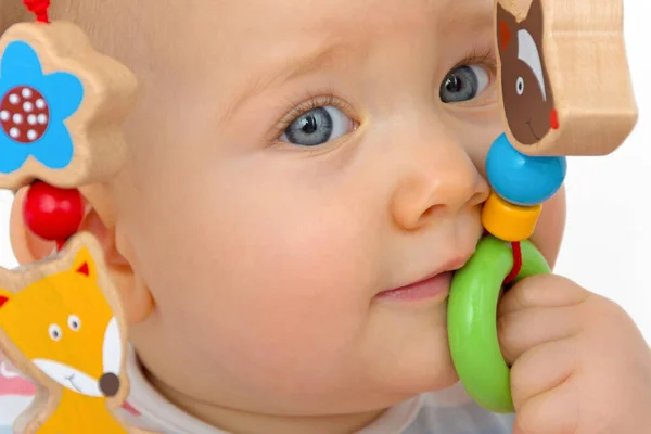 Baby Plays Wooden Toys — Stock Photo, Image