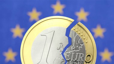 AB bayrağı önünde bölünmüş Euro sikkesi