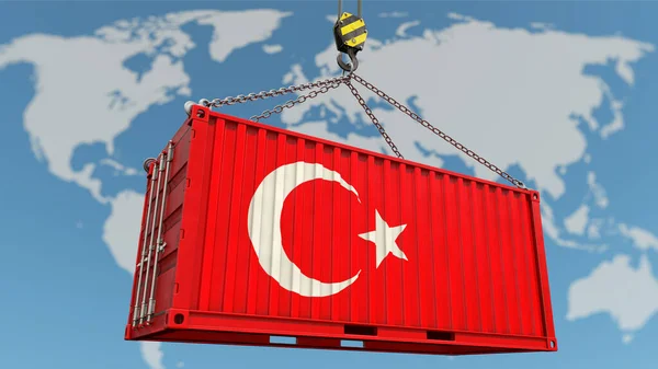 Turecká Exportní Ekonomika Kontejner Tureckou Vlajkou Světovou Mapou Pozadí — Stock fotografie