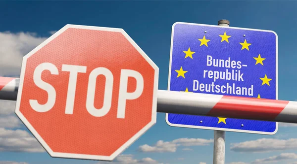 Schranke Mit Stop Schild Und Infotafel Bundesrepublik Deutschland — Stockfoto