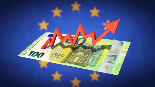 Gráfico Aumento Del Billete Euros Con Bandera Del Euro Segundo — Foto de Stock