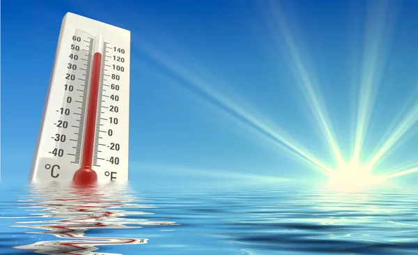 Heat wave in summer - thermometer in the water in sunshine