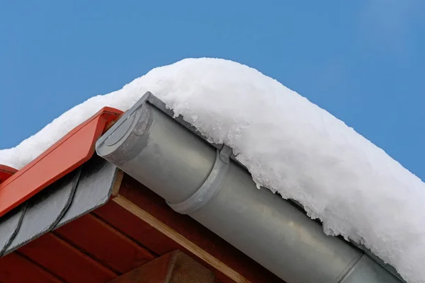 Roof with snow on a sunny day with blue sky as background