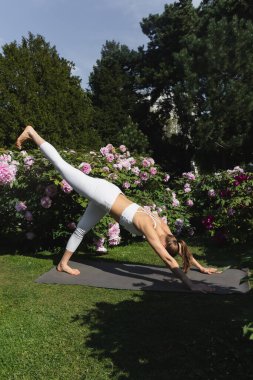 sportive woman practicing downward-facing dog pose with raised leg on yoga mat in park