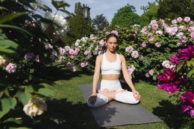 woman with closed eyes meditating in lotus pose near blossoming plants in park clipart