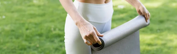 Partial View Woman Fitness Mat Outdoors Banner — стоковое фото